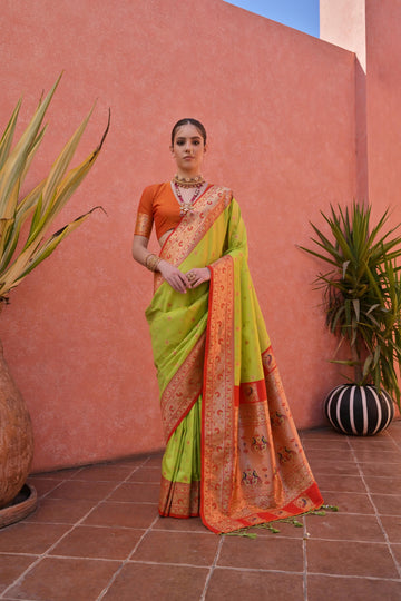 Naaz | Parrot Green Banarasi Silk Rich Zari Weaved Saree | Banarasii
