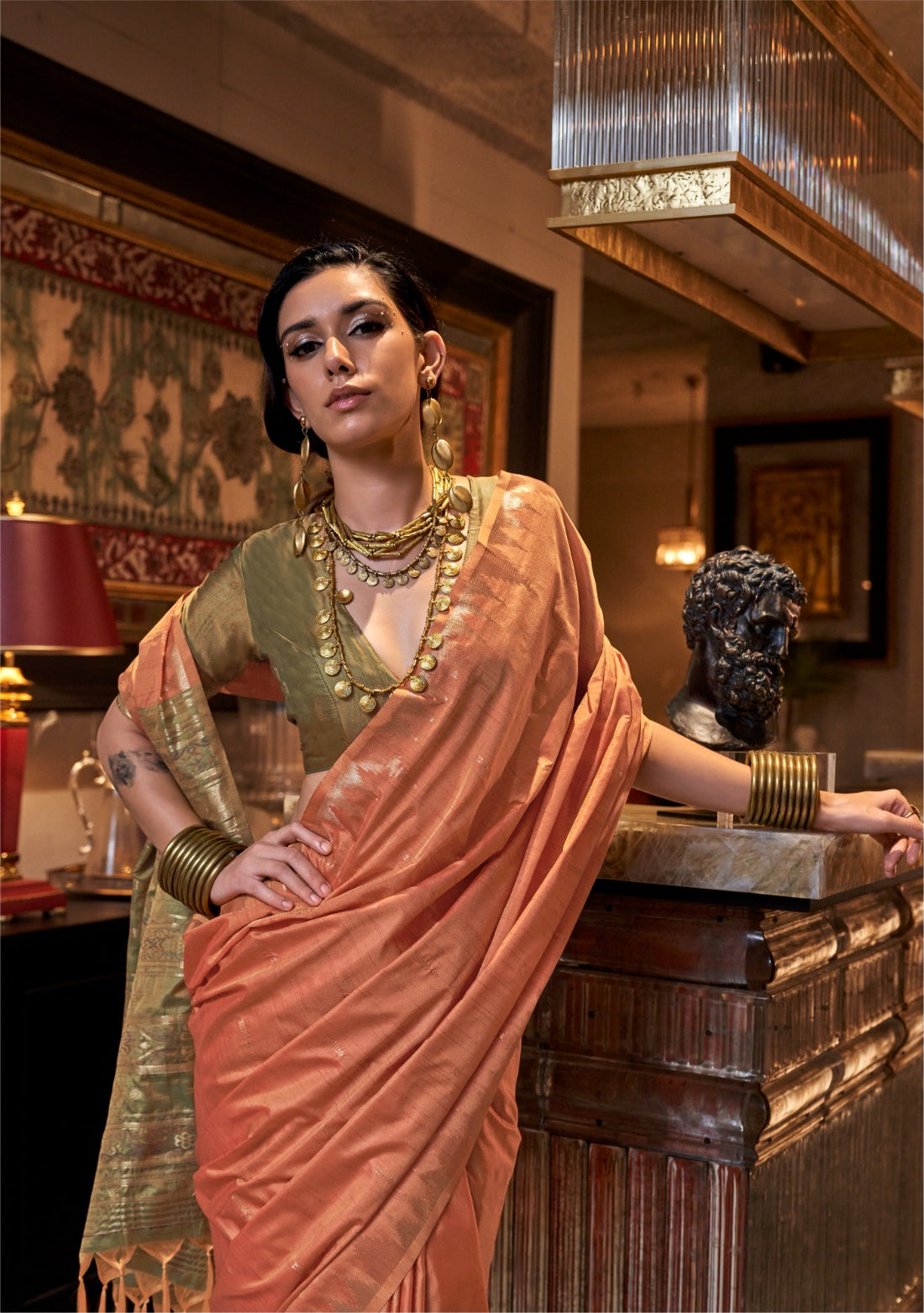 Zarafshan | Coral Peach Banarasi Silk Rich Zari Weaved Saree | Banarasii