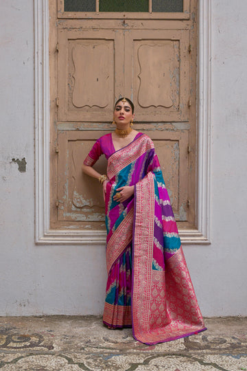 Shafaq | Peacock Fuchsia Banarasi Silk Rich Zari Weaved Saree | Banarasii
