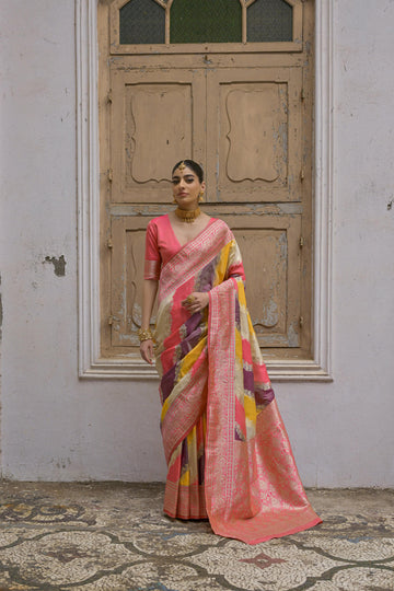 Shafaq | Coral Sorbet Banarasi Silk Rich Zari Weaved Saree | Banarasii