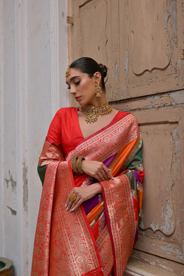 Shafaq | Vermilion Royale Banarasi Silk Rich Zari Weaved Saree | Banarasii