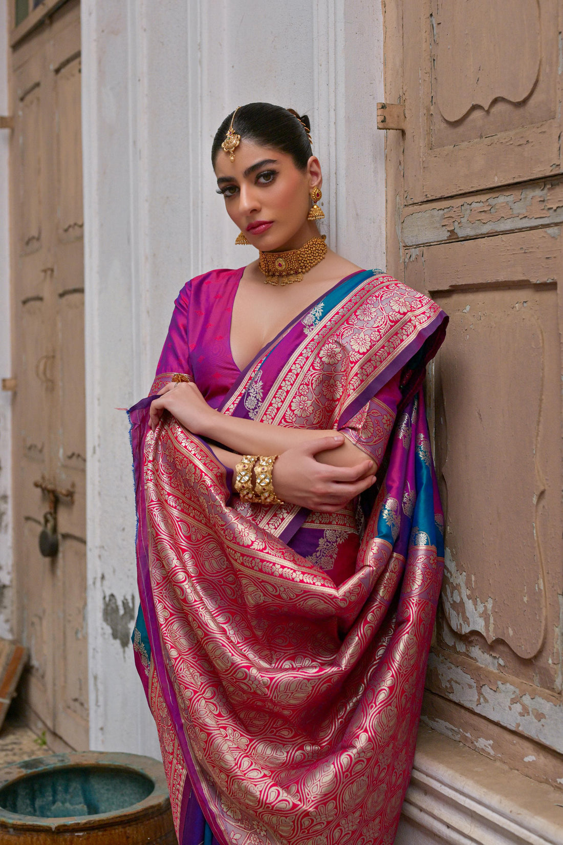 Shafaq | Peacock Fuchsia Banarasi Silk Rich Zari Weaved Saree | Banarasii