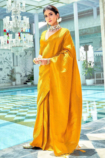 Zarmina | Mustard Gold Banarasi Silk Zari Weaved Saree | Banarasii