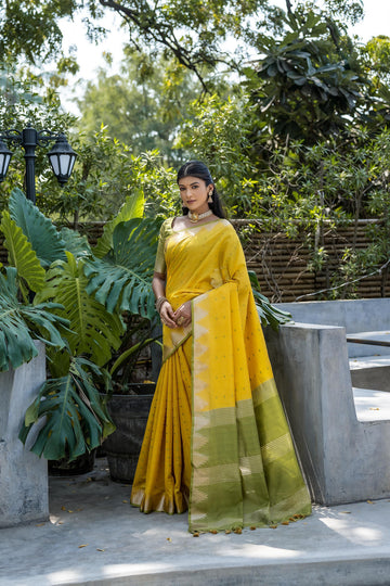Surkhroo | Golden Citrine Tussar Silk Weaved Saree | Banarasii