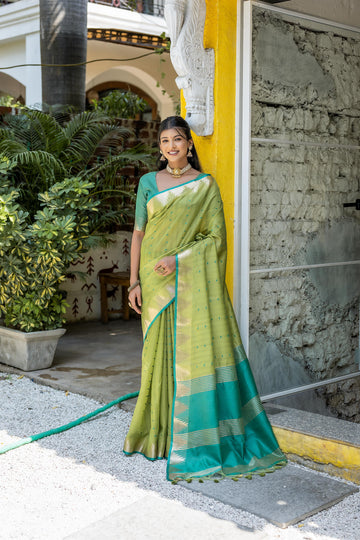Surkhroo | Olive Celadon Tussar Silk Weaved Saree | Banarasii