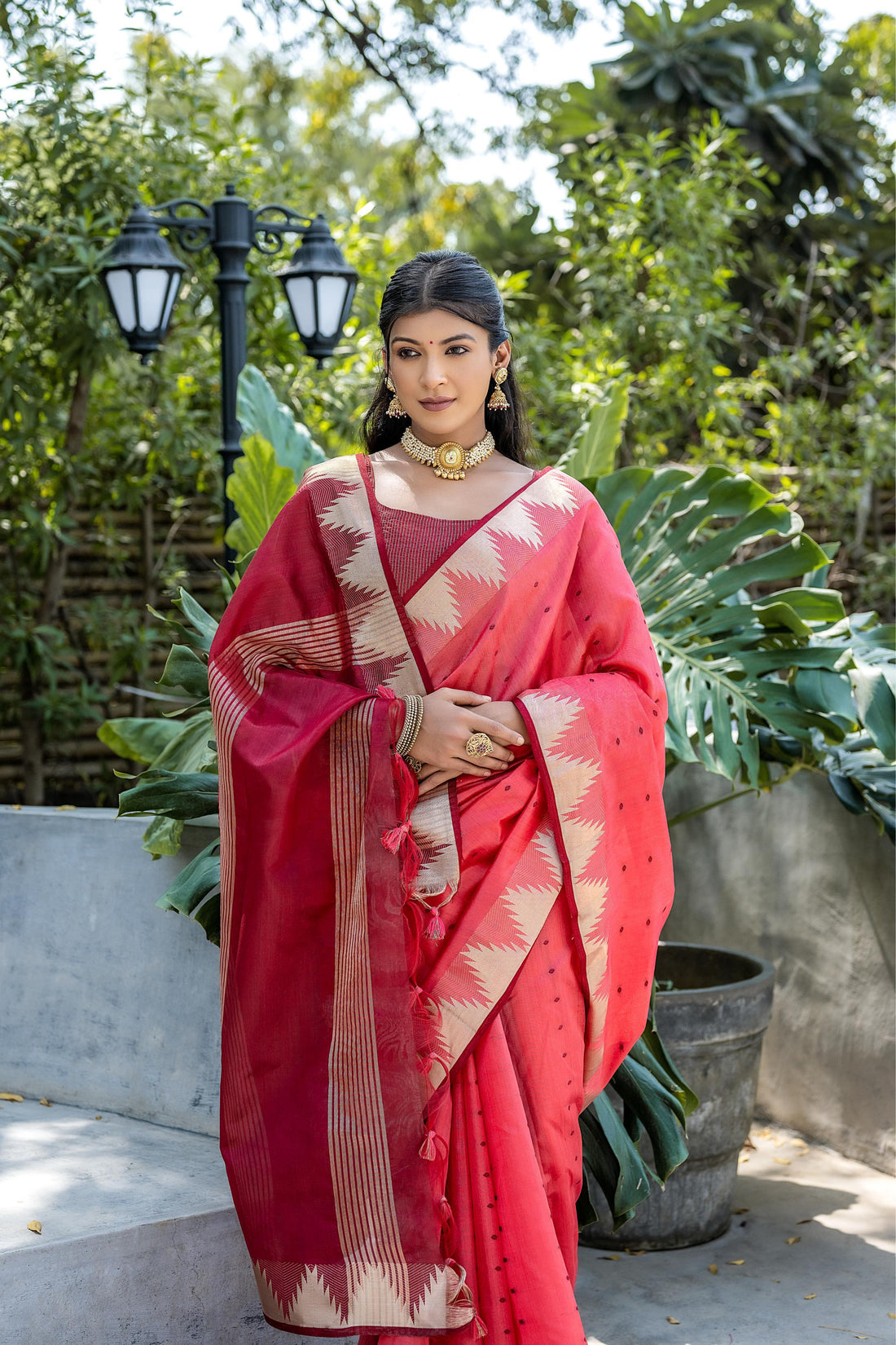 Surkhroo | Coral Crimson Tussar Silk Weaved Saree | Banarasii