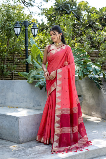 Surkhroo | Coral Crimson Tussar Silk Weaved Saree | Banarasii