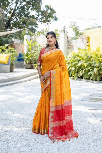 Surkhroo | Marigold Gold Tussar Silk Weaved Saree | Banarasii