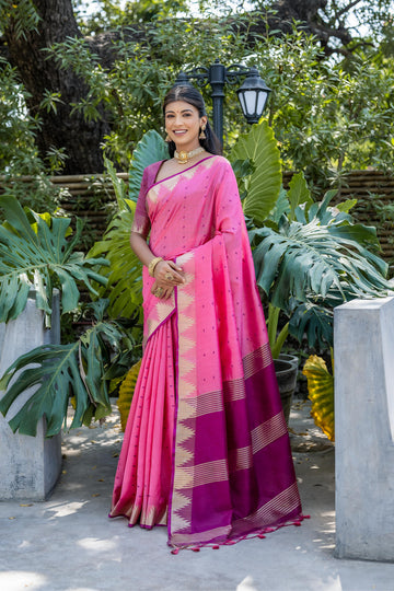 Surkhroo | Rosé Fuchsia Tussar Silk Weaved Saree | Banarasii