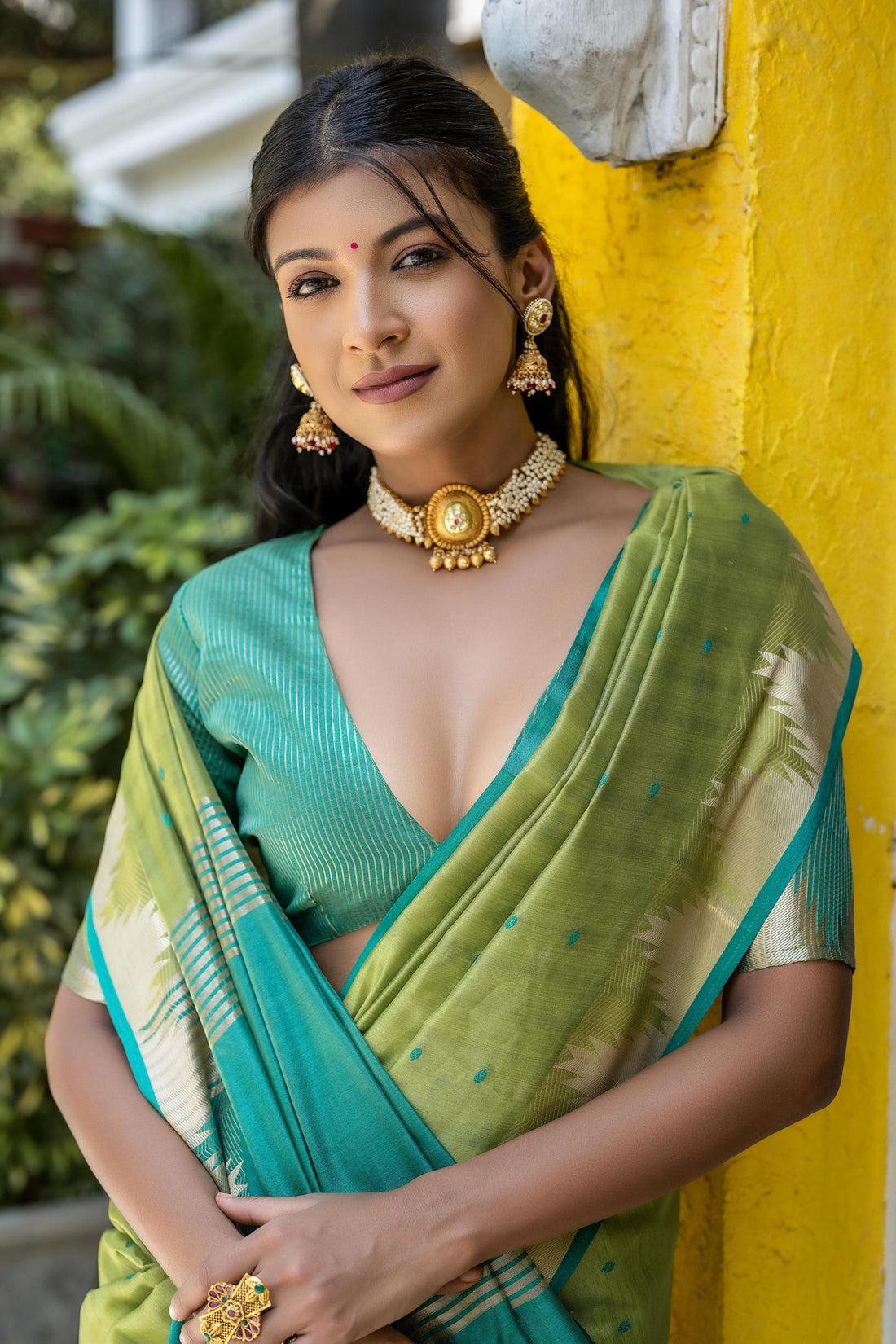 Surkhroo | Olive Celadon Tussar Silk Weaved Saree | Banarasii