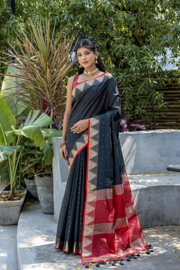 Surkhroo | Obsidian Noir Tussar Silk Weaved Saree | Banarasii
