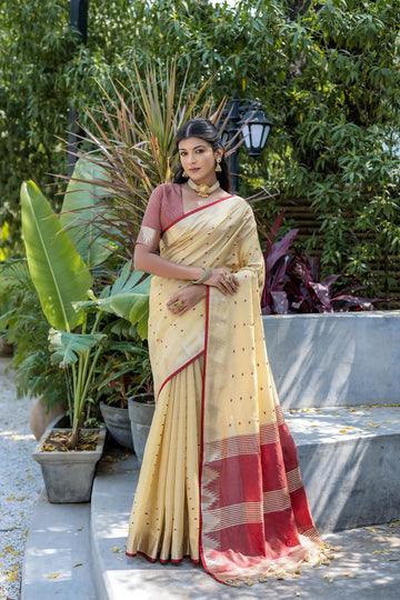 Surkhroo | Royal Ecru Tussar Silk Weaved Saree | Banarasii