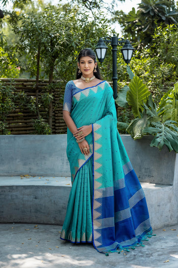 Surkhroo | Lagoon Azure Tussar Silk Weaved Saree | Banarasii