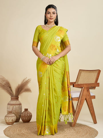 Aabshar | Citrine Lime Banarasi Silk Rich Zari Weaved Saree | Banarasii