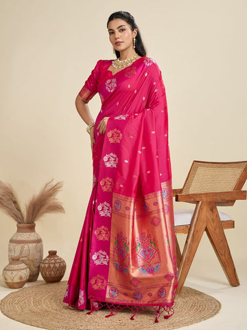 Aabshar | Rani Fuchsia Banarasi Silk Rich Zari Weaved Saree | Banarasii
