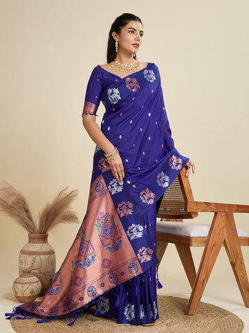 Aabshar | Royal Sapphire Blue Banarasi Silk Rich Zari Weaved Saree | Banarasii
