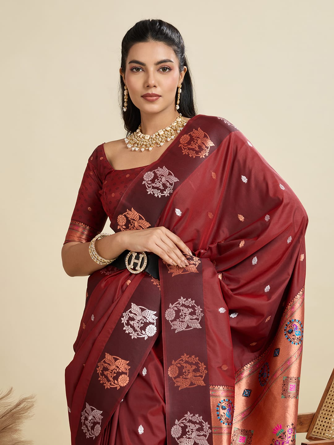 Aabshar | Vintage Maroon Banarasi Silk Rich Zari Weaved Saree | Banarasii