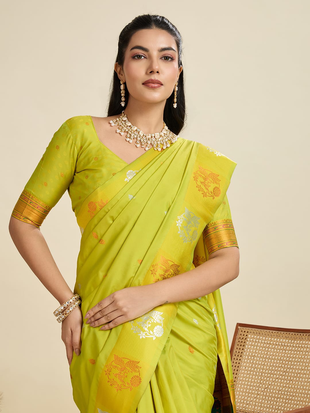 Aabshar | Citrine Lime Banarasi Silk Rich Zari Weaved Saree | Banarasii