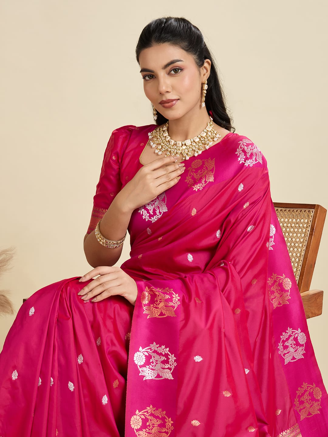 Aabshar | Rani Fuchsia Banarasi Silk Rich Zari Weaved Saree | Banarasii