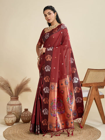 Aabshar | Vintage Maroon Banarasi Silk Rich Zari Weaved Saree | Banarasii