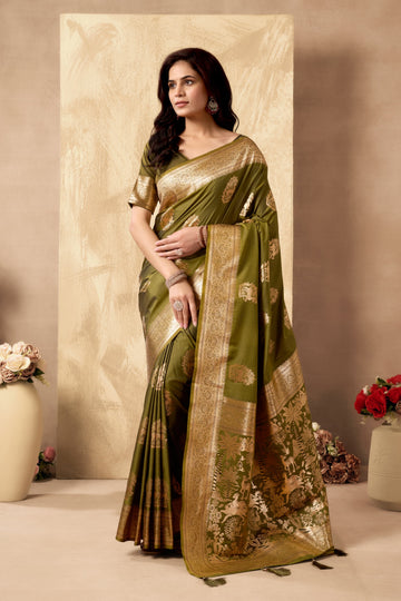 Nigar | Olive Moss Green Banarasi Silk Rich Zari Weaved Saree | Banarasii