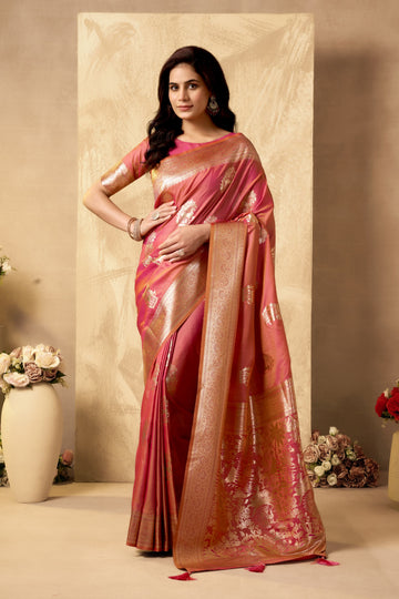 Nigar | Rosé Sunset Banarasi Silk Rich Zari Weaved Saree | Banarasii