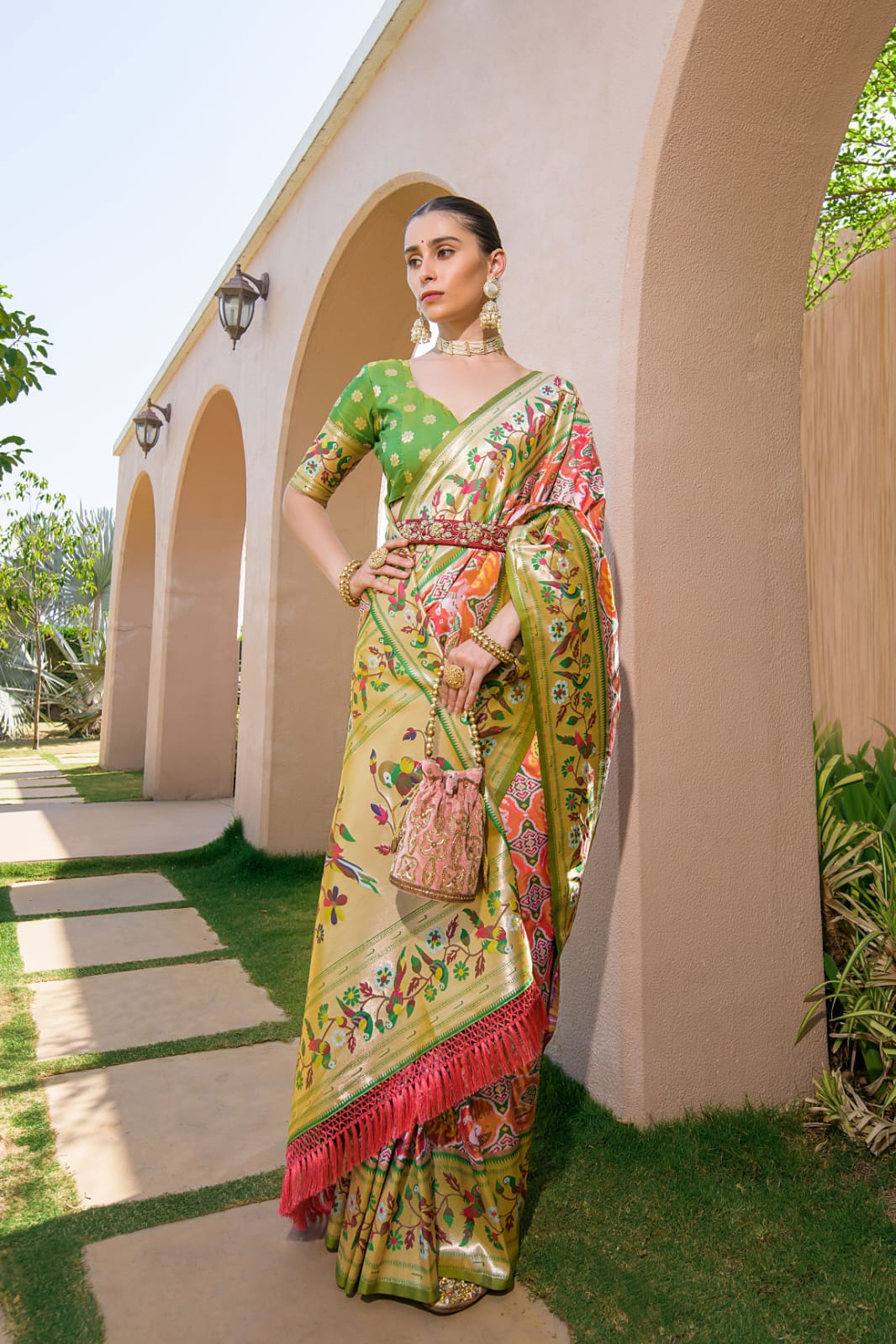 Rangrez - Coral Pink Paithani Weave Banarasi Silk Saree | Banarasii