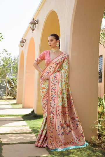 Rangrez - Off White Blush Pink Paithani Weave Banarasi Silk Saree | Banarasii