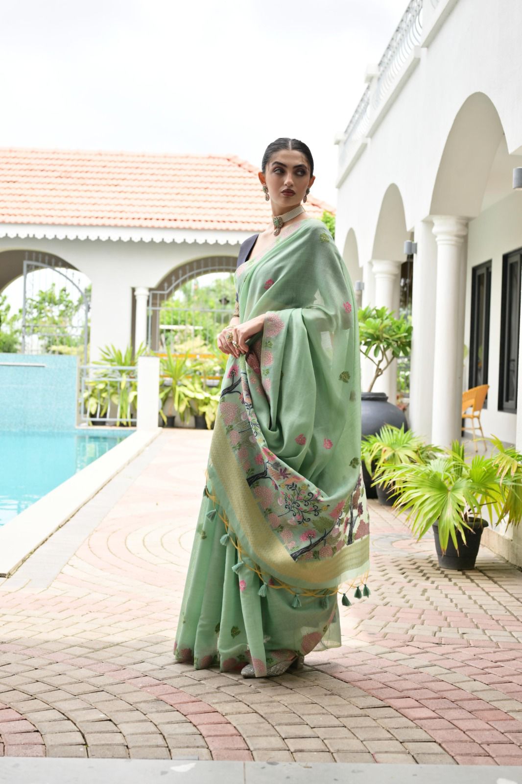 Rukhsaar - Mint Celeste Chanderi Cotton Floral Weaved Saree | Banarasii