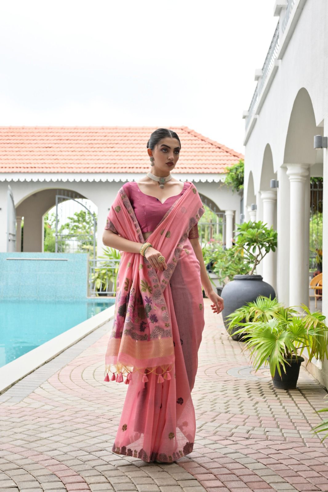 Rukhsaar - Rose Pink Chanderi Cotton Floral Weaved Saree | Banarasii