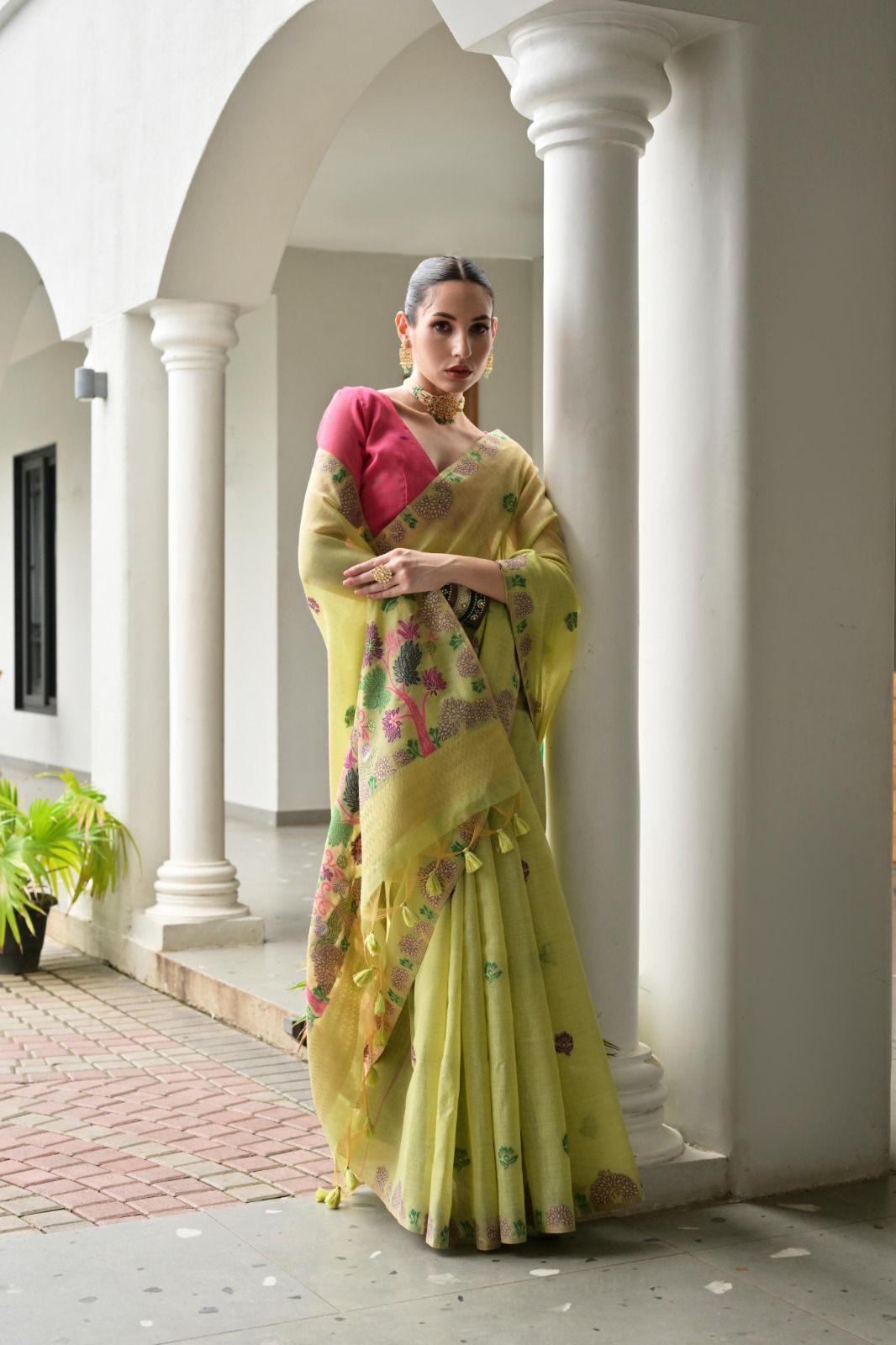 Rukhsaar - Lime Green Chanderi Cotton Floral Weaved Saree | Banarasii