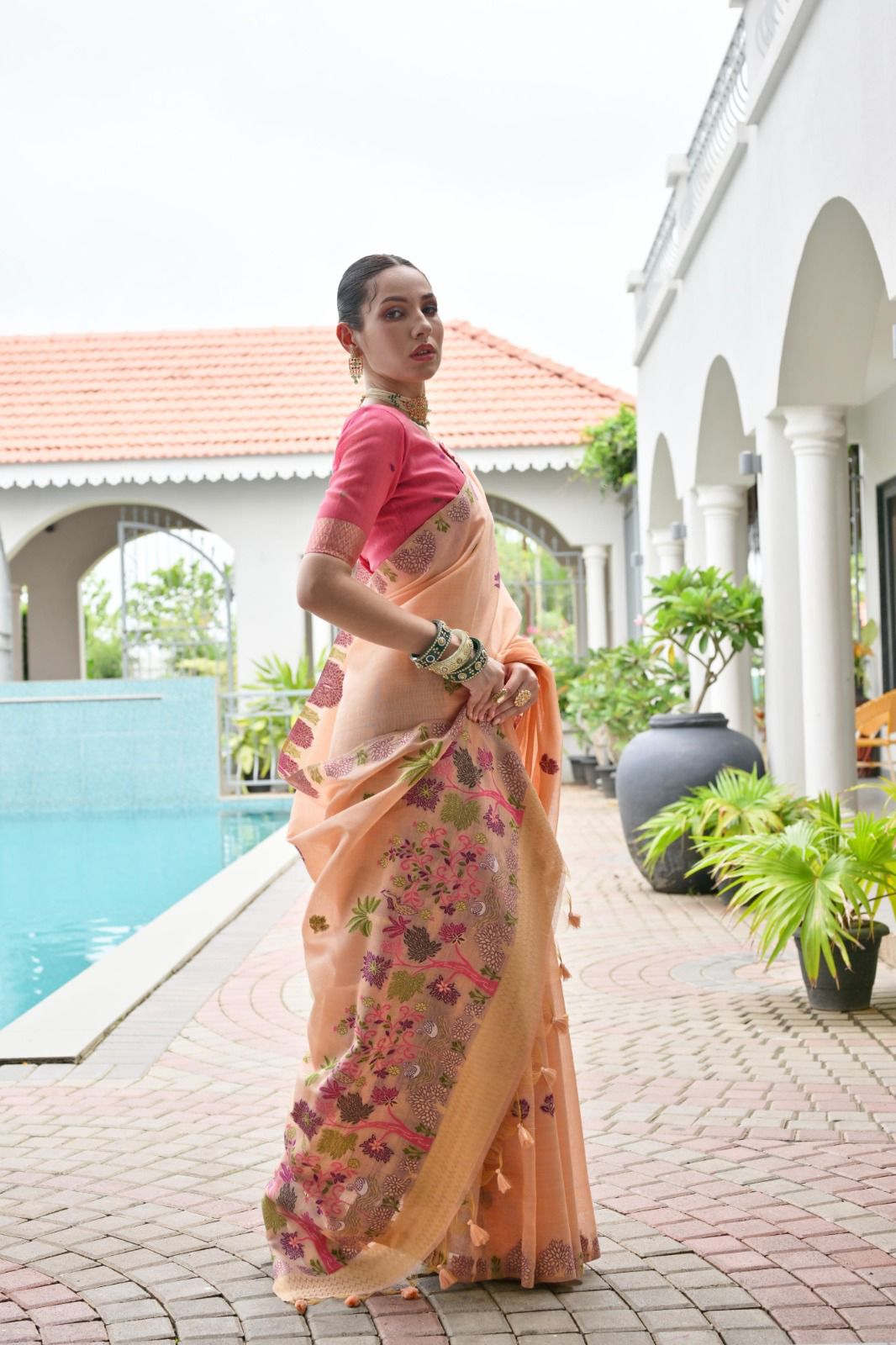 Rukhsaar - Peach Blush Chanderi Cotton Floral Weaved Saree | Banarasii