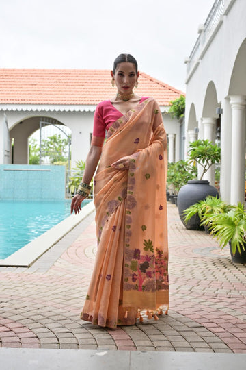 Rukhsaar - Peach Blush Chanderi Cotton Floral Weaved Saree | Banarasii