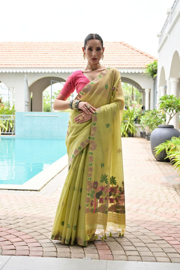 Rukhsaar - Lime Green Chanderi Cotton Floral Weaved Saree | Banarasii