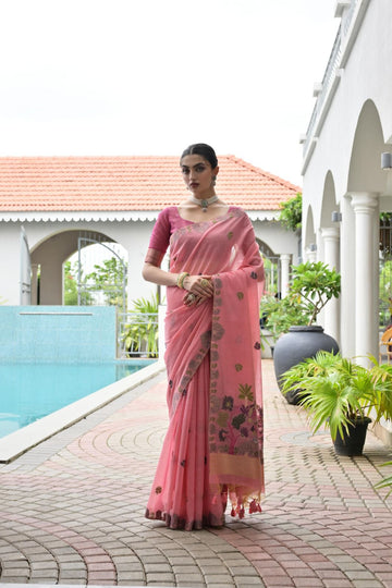 Rukhsaar - Rose Pink Chanderi Cotton Floral Weaved Saree | Banarasii