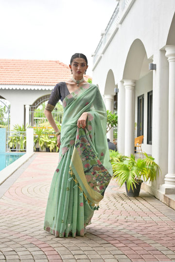 Rukhsaar - Mint Celeste Chanderi Cotton Floral Weaved Saree | Banarasii