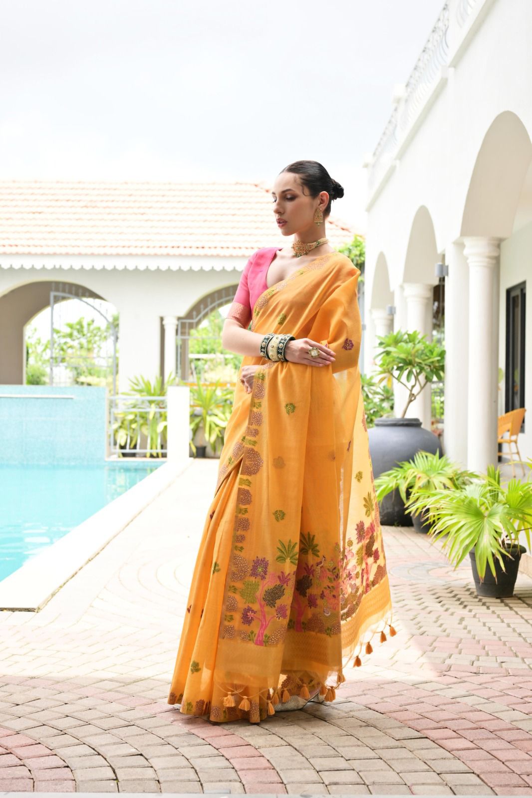 Rukhsaar - Golden Marigold Chanderi Cotton Floral Weaved Saree | Banarasii