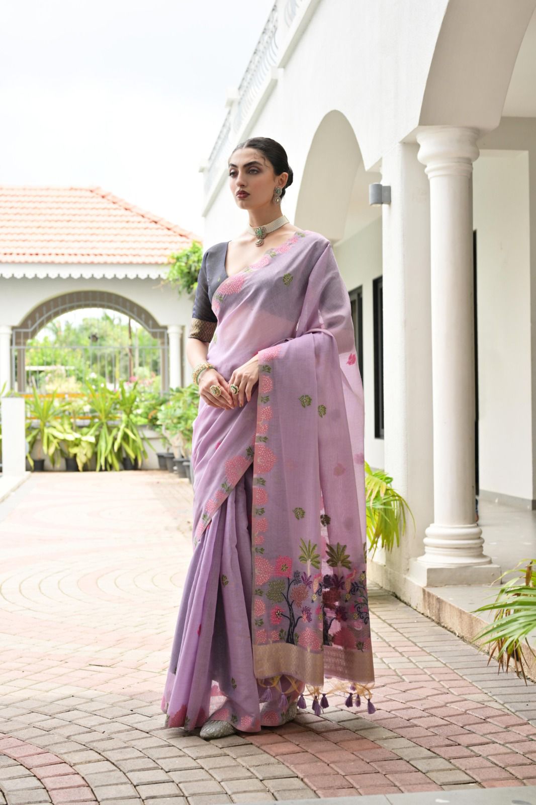 Rukhsaar - Lavender Mist Chanderi Cotton Floral Weaved Saree | Banarasii