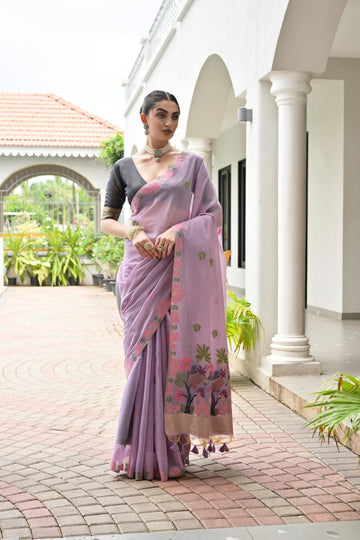 Rukhsaar - Lavender Mist Chanderi Cotton Floral Weaved Saree | Banarasii