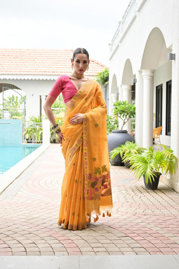 Rukhsaar - Golden Marigold Chanderi Cotton Floral Weaved Saree | Banarasii