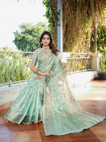 Gulnaar - Mint Sage Pure Organza Silk Zari Weaved Saree | Banarasii