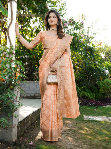 Gulnaar - Champagne Peach Pure Organza Silk Zari Weaved Saree | Banarasii