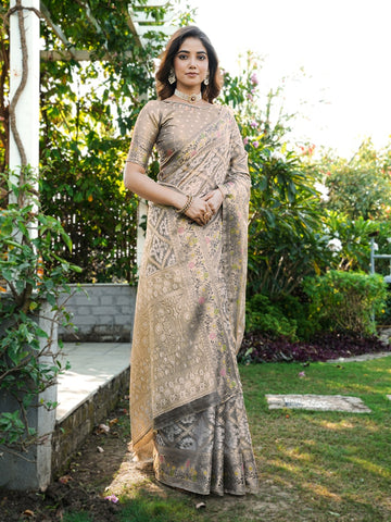 Gulnaar - Moonstone Grey Pure Organza Silk Zari Weaved Saree | Banarasii