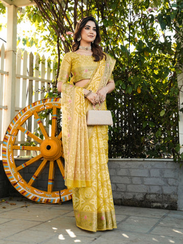 Gulnaar - Haldi Gold Pure Organza Silk Zari Weaved Saree | Banarasii