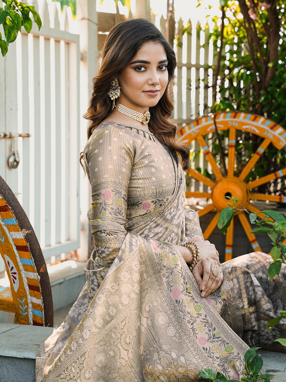 Gulnaar - Moonstone Grey Pure Organza Silk Zari Weaved Saree | Banarasii