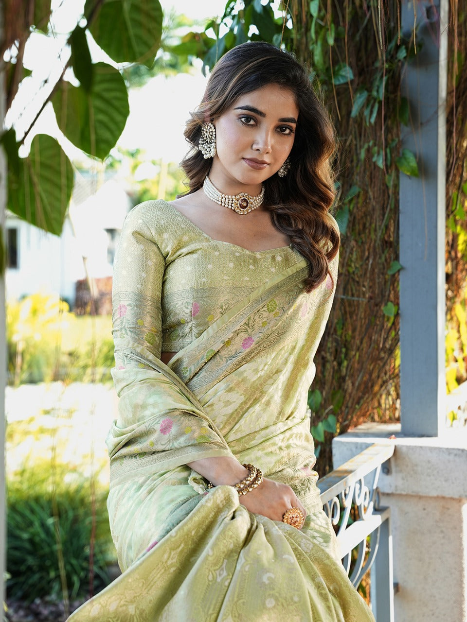 Gulnaar - Pistachio Gold Pure Organza Silk Zari Weaved Saree | Banarasii