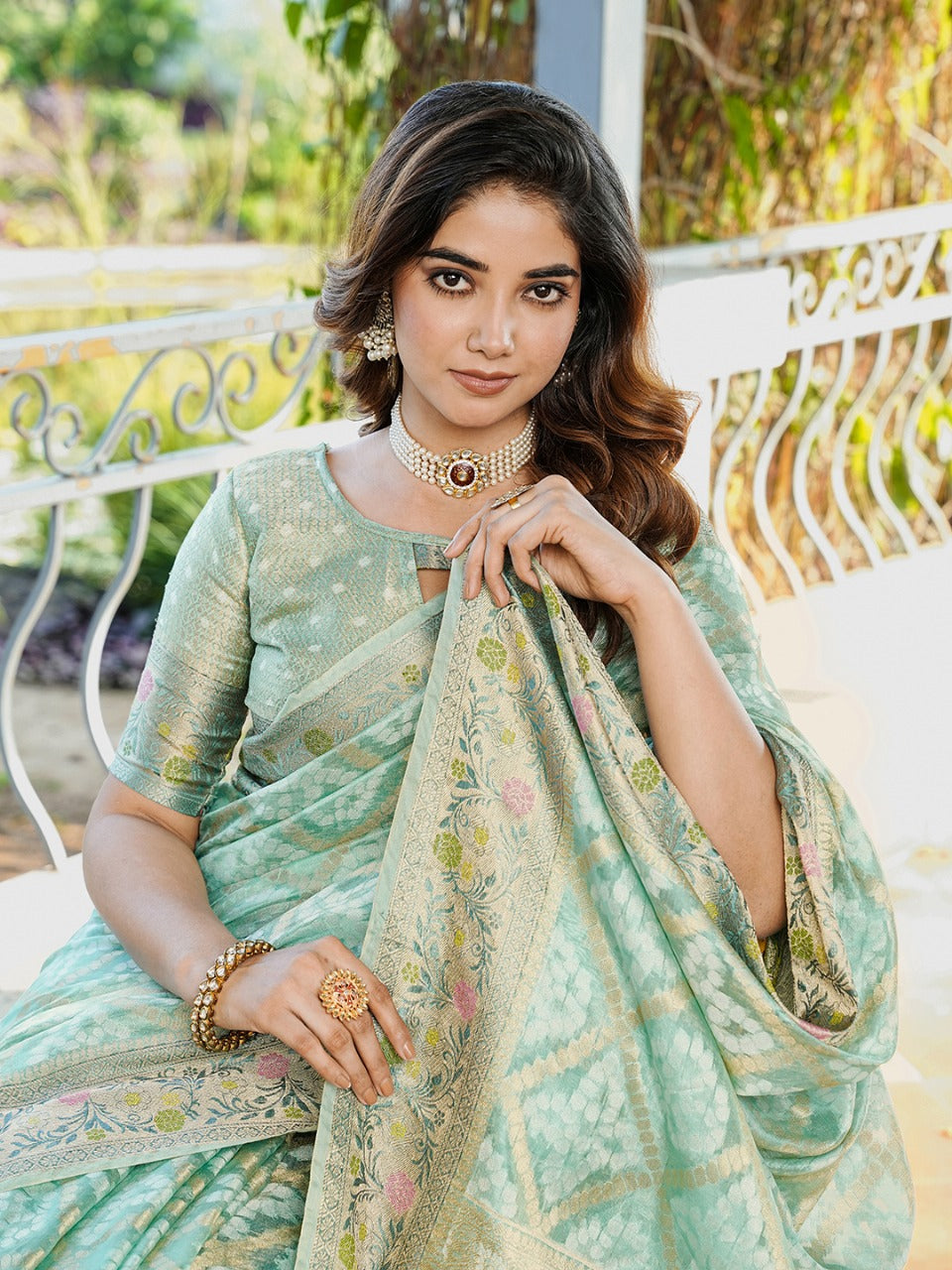 Gulnaar - Mint Sage Pure Organza Silk Zari Weaved Saree | Banarasii