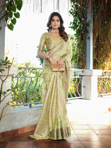 Gulnaar - Pistachio Gold Pure Organza Silk Zari Weaved Saree | Banarasii