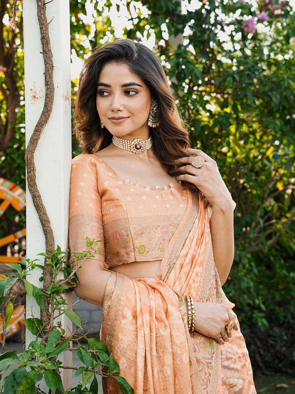 Gulnaar - Champagne Peach Pure Organza Silk Zari Weaved Saree | Banarasii