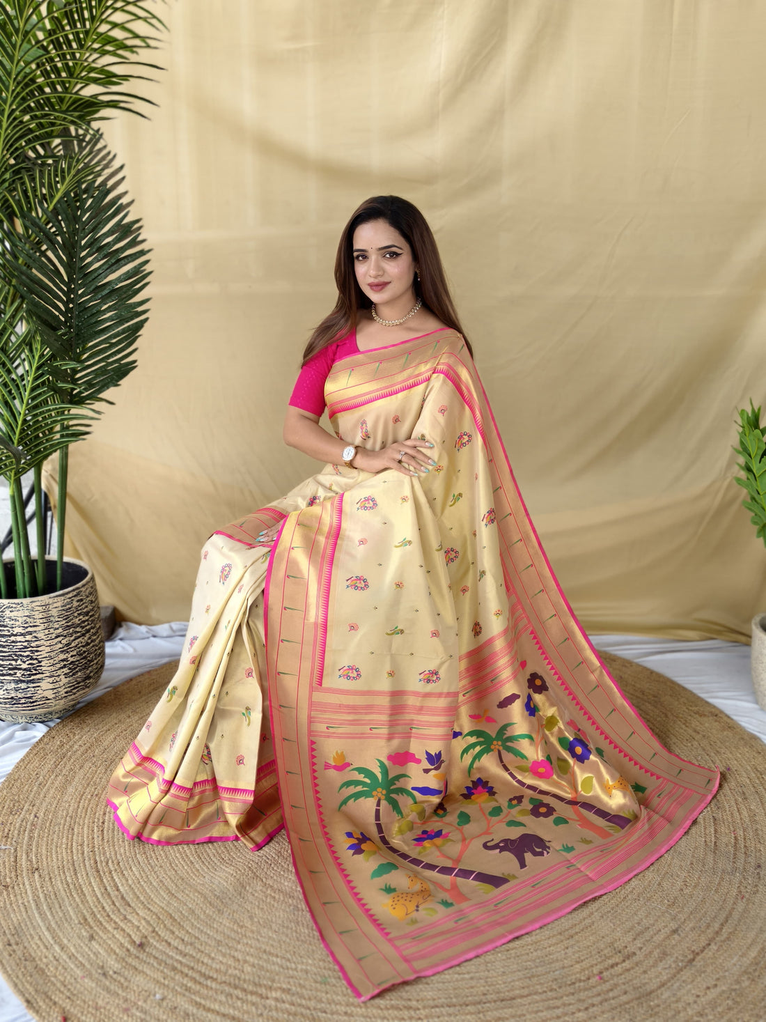 Gulzaar - Cream Beige Banarasi Silk Paithani Saree | Banarasii